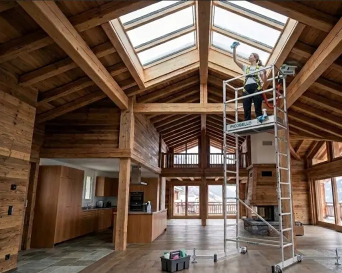 Picobello Reinigungskraft reinigt Dachfenster vom Gerüst in einem Chalet-Neubau