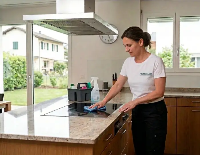 Picobello Reinigungskraft reinigt die Arbeitsfläche einer Küche in einem Wohnhaus
